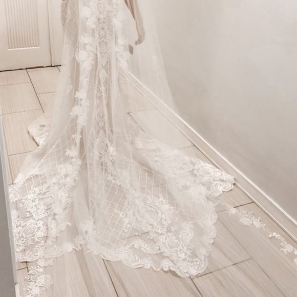 David's Bridal Accessories - Ivory Embroidered Beaded Floral Scroll Cathedral Veil NWT